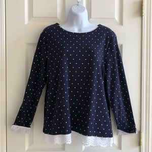 Navy Polka Dot Top with Lace Trim